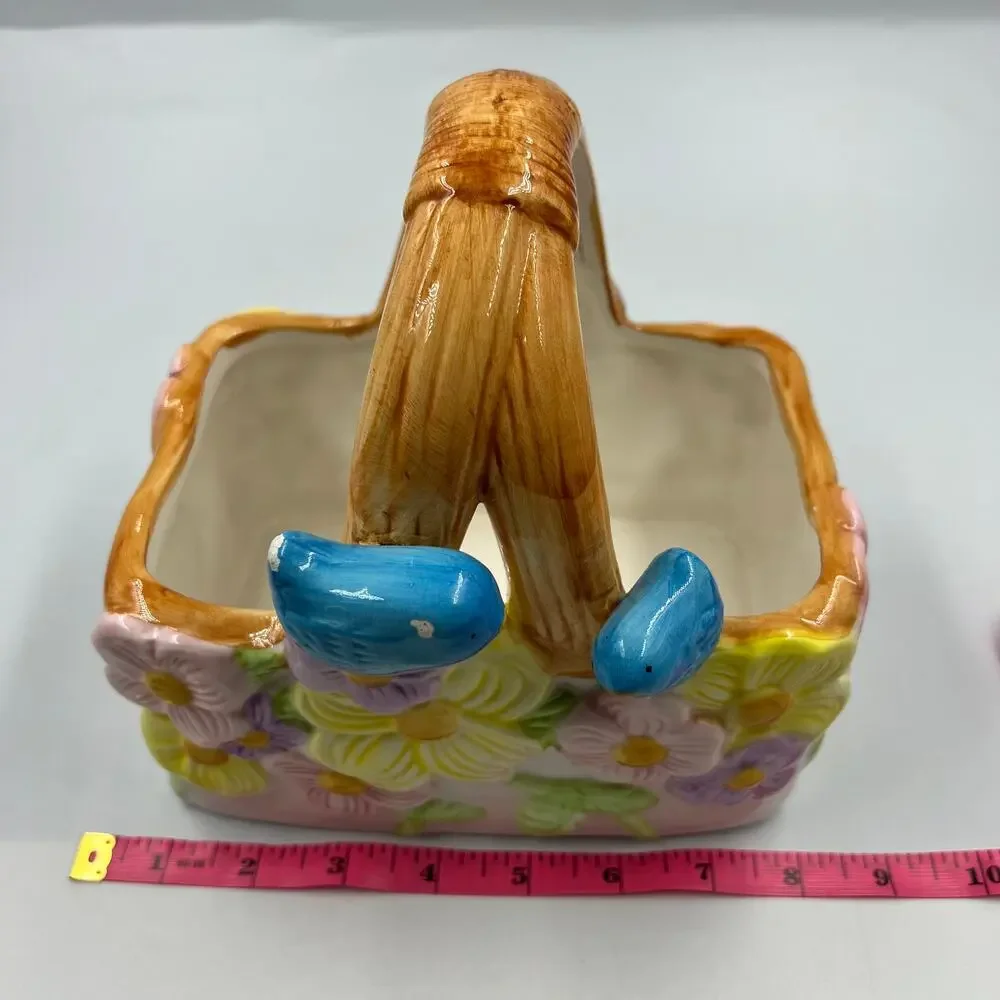 Vintage Glazed Ceramic Decorative Florist Basket Floral Blue Bird Pair